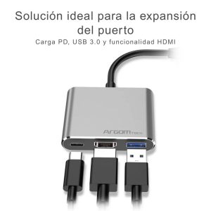 Hub One Axess 3 en 1 con salida HDMI 4K, USB 3.0 y carga rápida PD para laptops y smartphones con puerto Type-C.