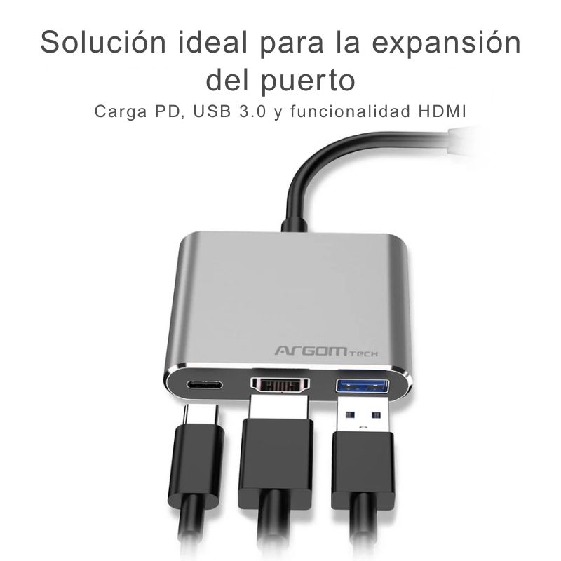 Hub One Axess 3 en 1 con salida HDMI 4K, USB 3.0 y carga rápida PD para laptops y smartphones con puerto Type-C.