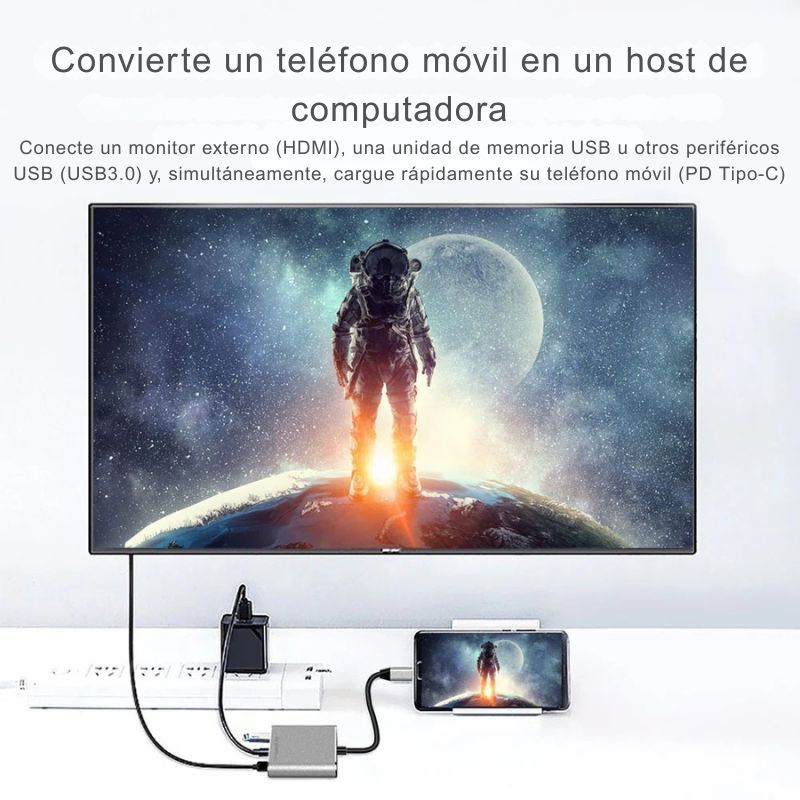 Hub One Axess 3 en 1 con salida HDMI 4K, USB 3.0 y carga rápida PD para laptops y smartphones con puerto Type-C.
