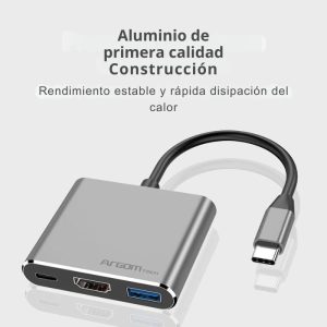 Hub One Axess 3 en 1 con salida HDMI 4K, USB 3.0 y carga rápida PD para laptops y smartphones con puerto Type-C.