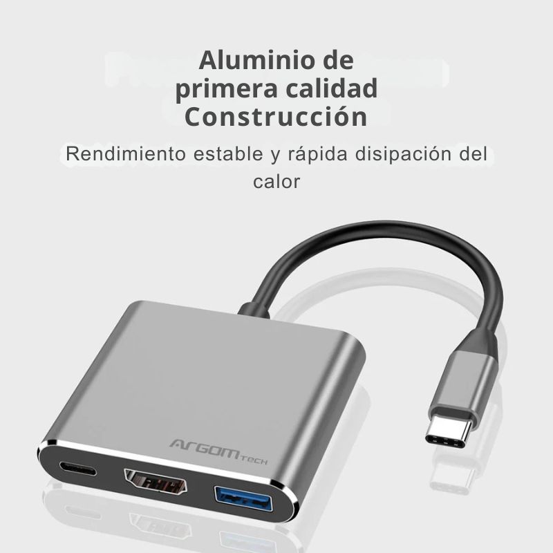 Hub One Axess 3 en 1 con salida HDMI 4K, USB 3.0 y carga rápida PD para laptops y smartphones con puerto Type-C.