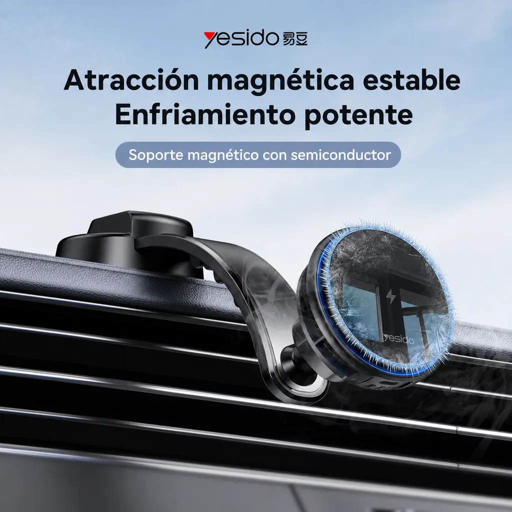 Holder magn&eacute;tico Yesido C311 para autom&oacute;vil con carga inal&aacute;mbrica de 15W y enfriamiento por semiconductor.