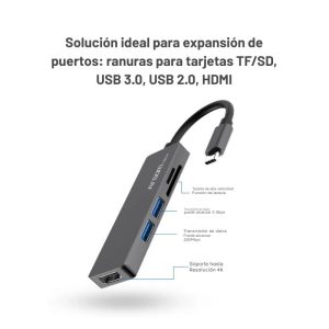 Hub USB-C 5 en 1 con HDMI, USB 3.0, lector SD y MicroSD, ideal para laptops y celulares con puerto tipo C.