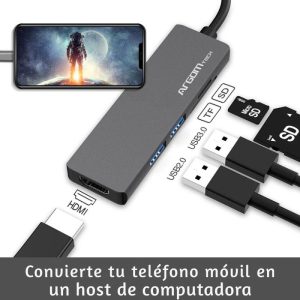 Hub USB-C 5 en 1 con HDMI, USB 3.0, lector SD y MicroSD, ideal para laptops y celulares con puerto tipo C.