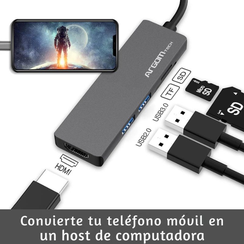 Hub USB-C 5 en 1 con HDMI, USB 3.0, lector SD y MicroSD, ideal para laptops y celulares con puerto tipo C.