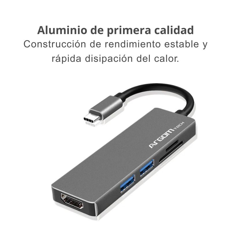 Hub USB-C 5 en 1 con HDMI, USB 3.0, lector SD y MicroSD, ideal para laptops y celulares con puerto tipo C.