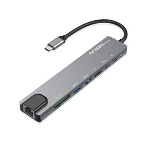Hub multipuerto 8 en 1 con conexión Tipo-C, incluye HDMI 4K, RJ-45, USB 3.0, lector de tarjetas SD y TF, y carga rápida PD de 100W. Ideal para laptops y smartphones.