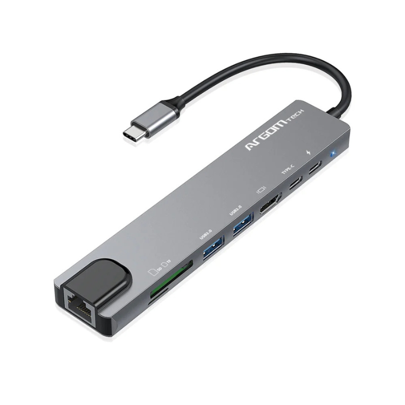 Hub multipuerto 8 en 1 con conexión Tipo-C, incluye HDMI 4K, RJ-45, USB 3.0, lector de tarjetas SD y TF, y carga rápida PD de 100W. Ideal para laptops y smartphones.