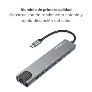 Hub multipuerto 8 en 1 con conexión Tipo-C, incluye HDMI 4K, RJ-45, USB 3.0, lector de tarjetas SD y TF, y carga rápida PD de 100W. Ideal para laptops y smartphones.