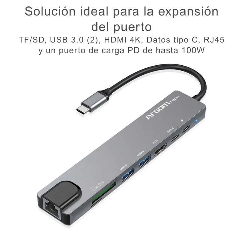 Hub multipuerto 8 en 1 con conexión Tipo-C, incluye HDMI 4K, RJ-45, USB 3.0, lector de tarjetas SD y TF, y carga rápida PD de 100W. Ideal para laptops y smartphones.
