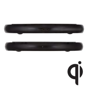 Cargador inalámbrico compacto con entrada Micro-USB.