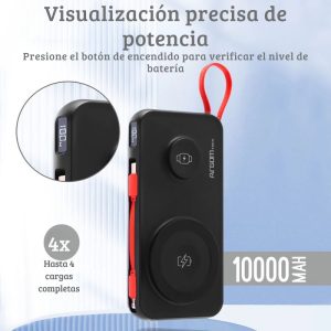 Diseño compacto y ultrafino de power bank con pantalla LCD indicador de batería.