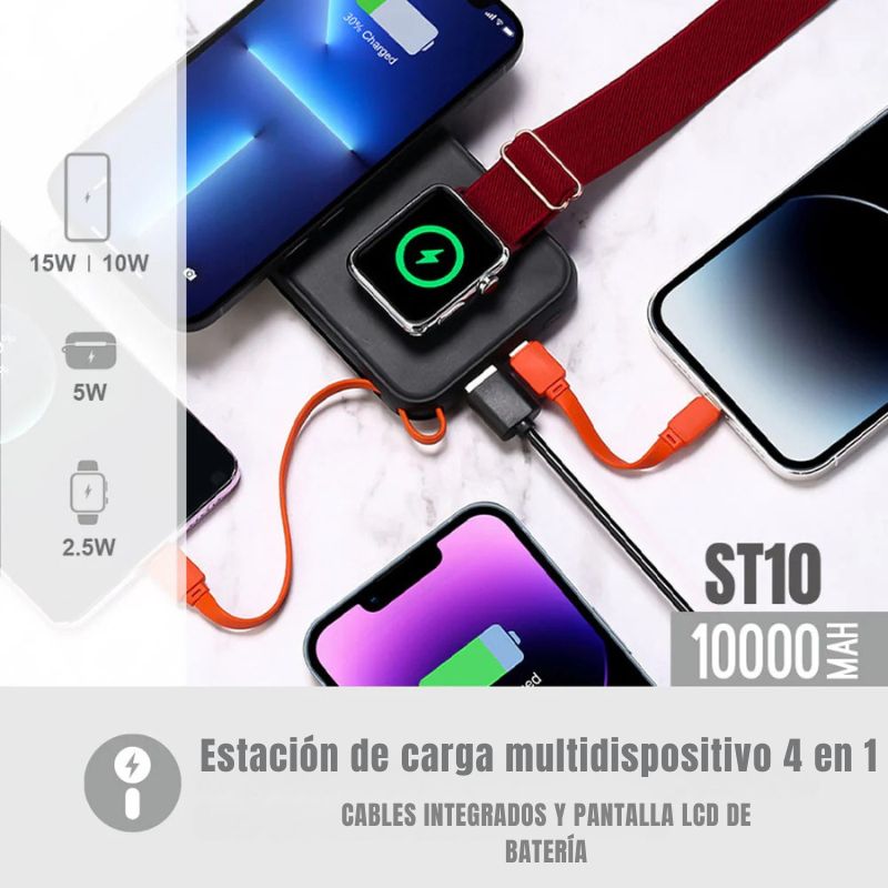Power Bank 4 en 1 con salida PD 20W y carga para smartphones, smartwatches y aud&iacute;fonos.