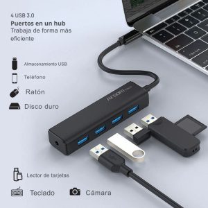 Hub One Axess con 4 puertos USB 3.0 y conexión Tipo-C, diseño ultra delgado, compatible con Windows, Mac, Android y más, ideal para conectar múltiples dispositivos con alta velocidad.