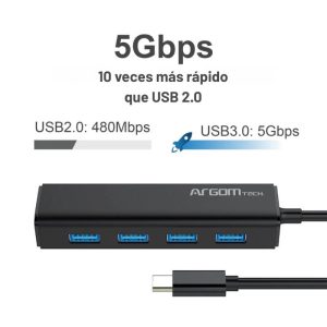Hub One Axess con 4 puertos USB 3.0 y conexión Tipo-C, diseño ultra delgado, compatible con Windows, Mac, Android y más, ideal para conectar múltiples dispositivos con alta velocidad.