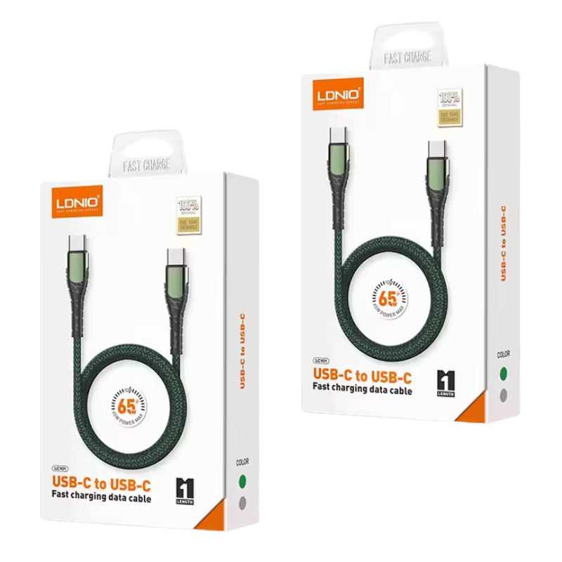 "Cable de carga rápida LDNIO LC101 de 65W, con conexión Type-C a Type-C, compatible con USB4 e iPhone. Fabricado con aleación de aluminio y diseño resistente."