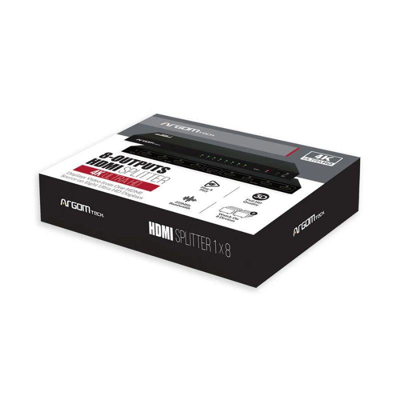 Divisor HDMI de 8 salidas ARG-AV-5118 con soporte 4K Ultra HD y diseño compacto para entornos comerciales y de entretenimiento.