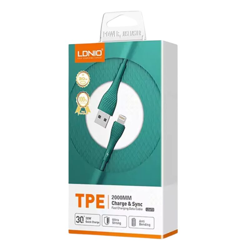 Cable de carga rápida LS672I de 2 metros, marca LDNIO, compatible con iPhone Lightning, disponible en verde y azul. Material TPE resistente y flexible para mayor durabilidad.