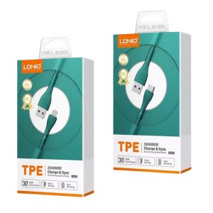 Cable de carga rápida LS672I de 2 metros, marca LDNIO, compatible con iPhone Lightning, disponible en verde y azul. Material TPE resistente y flexible para mayor durabilidad.