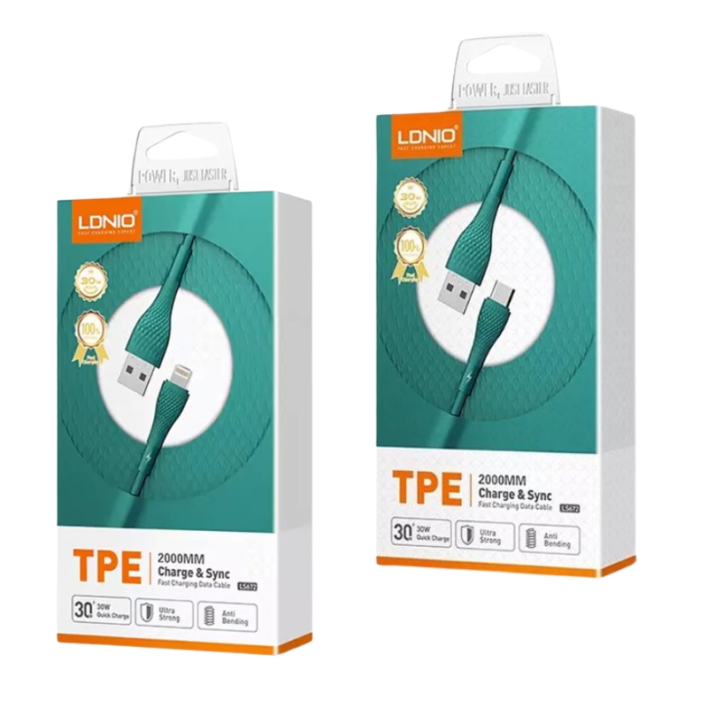 Cable de carga rápida LS672I de 2 metros, marca LDNIO, compatible con iPhone Lightning, disponible en verde y azul. Material TPE resistente y flexible para mayor durabilidad.