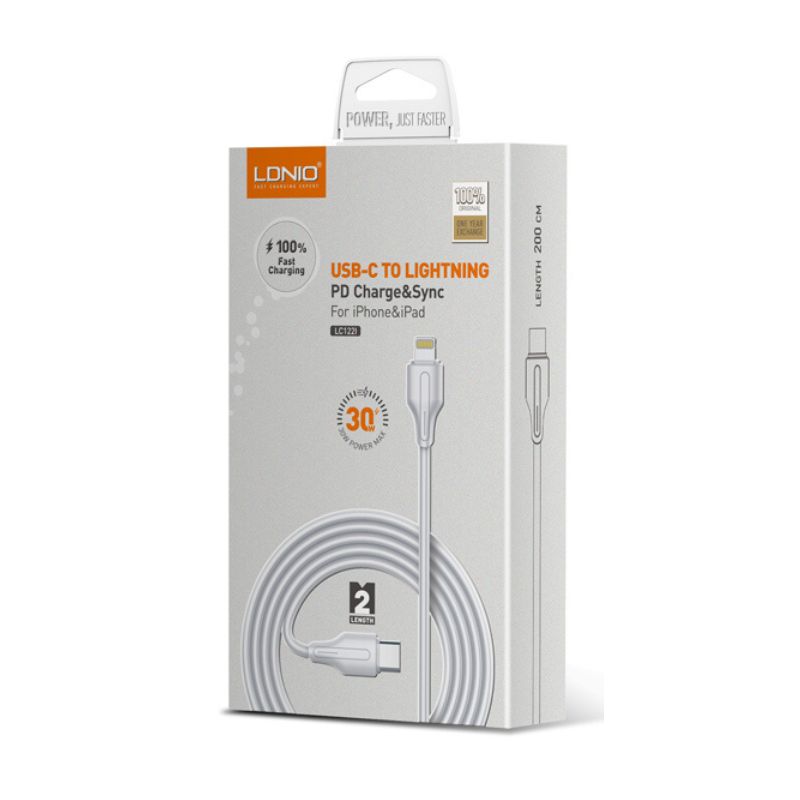 "Cable de carga rápida LDNIO LC122I de 2 metros, con conexión Type-C a Lightning y 30W de potencia. Diseño ecológico, resistente y compatible con dispositivos Apple."