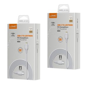 "Cable de carga rápida LDNIO LC122I de 2 metros, con conexión Type-C a Lightning y 30W de potencia. Diseño ecológico, resistente y compatible con dispositivos Apple."