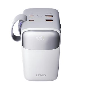 Power Bank LDNIO PQ50 50,000mAh color negro con cables integrados USB-C y Lightning, pantalla LED y diseño compacto, ideal para carga rápida y portátil.