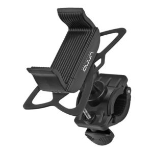 Soporte UNNO CH3007BK ajustado en el manubrio de una bicicleta, sujetando un teléfono móvil de forma segura con vista rotativa.