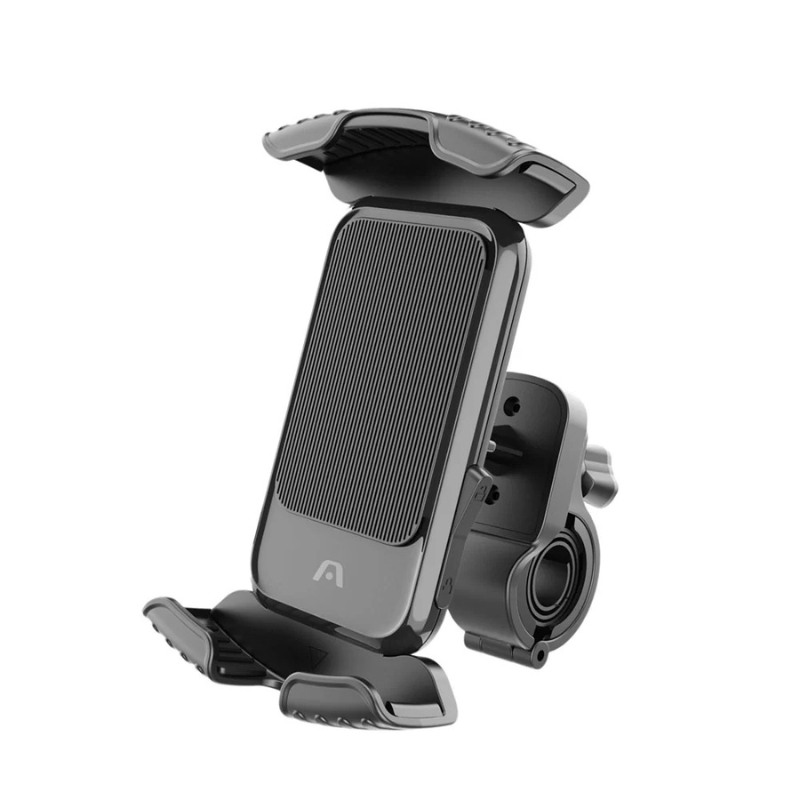 Soporte universal Argom Tech ARG-AC-0320BK sujetando un celular en el manubrio de una bicicleta o motocicleta con rotación 360° y diseño resistente.