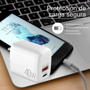Adaptador de pared compacto de 40W para carga rápida dual.