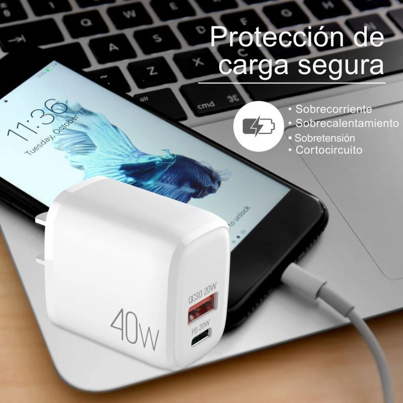 Adaptador de pared compacto de 40W para carga rápida dual.