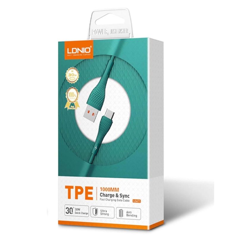 Cable LDNIO LS671 trenzado, 1 metro, en color verde, con conector Tipo-C.