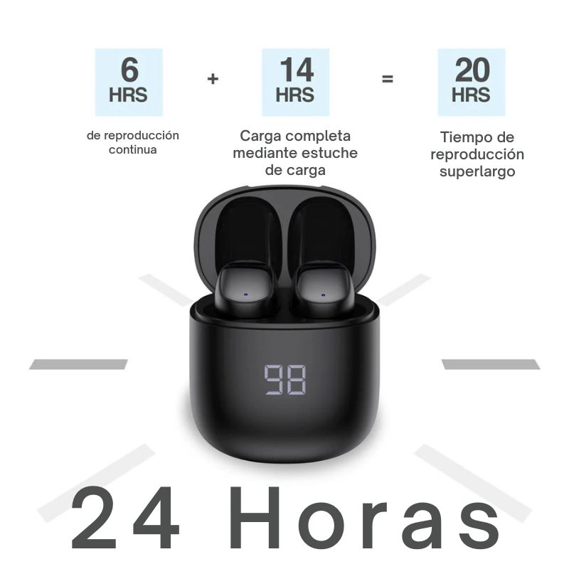 Aud&iacute;fonos inal&aacute;mbricos SkeiPods E66 TWS negros con AI ENC, pantalla LED y estuche de carga, modelo ARG-HS-5066BK.