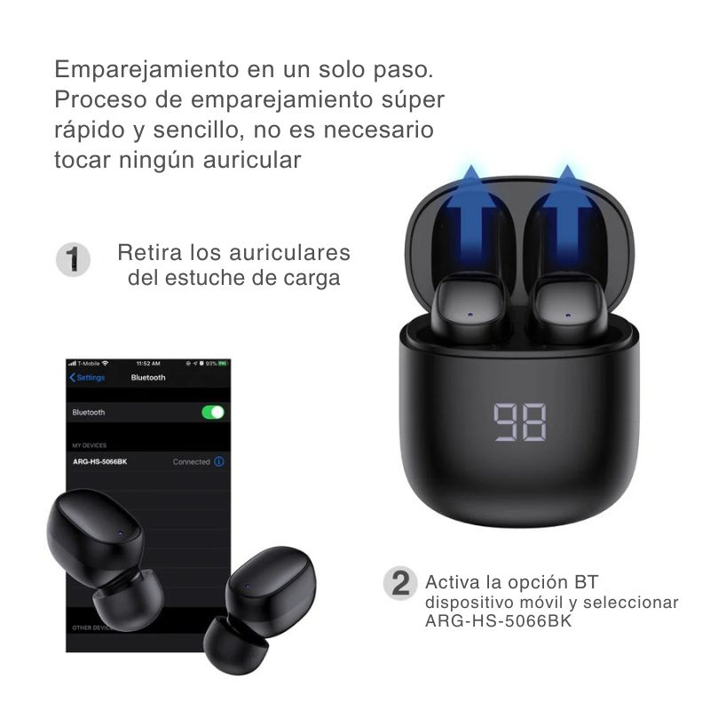 Audífonos inalámbricos SkeiPods E66 TWS negros con AI ENC, pantalla LED y estuche de carga, modelo ARG-HS-5066BK.