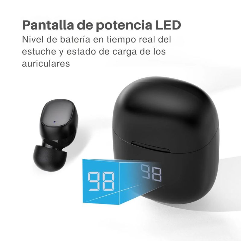 Estuche de carga con pantalla LED que muestra el nivel de batería en tiempo real.