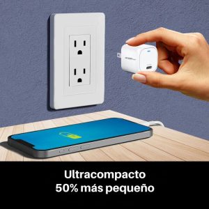 Adaptador de pared compacto para iPhone, Samsung y más.