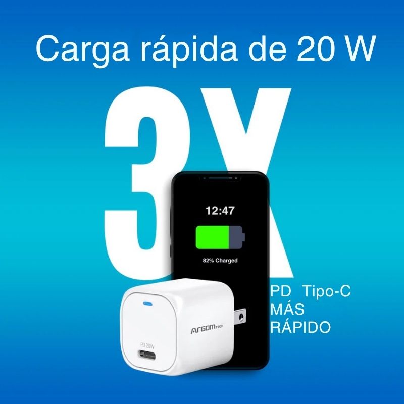 Cargador USB-C Power Delivery 20W para viaje y oficina.
