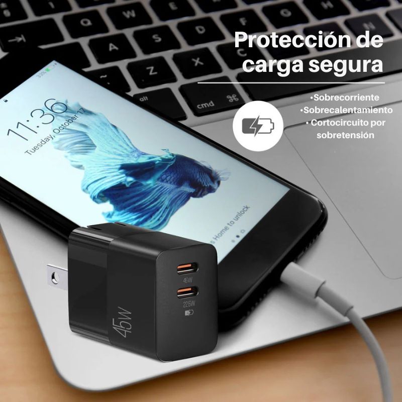 Cargador port&aacute;til seguro con protecci&oacute;n contra sobrecorriente y sobrevoltaje.