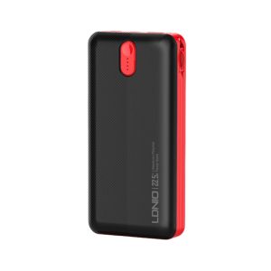 Power Bank LDNIO PQ24 de 20000mAh color negro con cables USB-C y Lightning integrados.