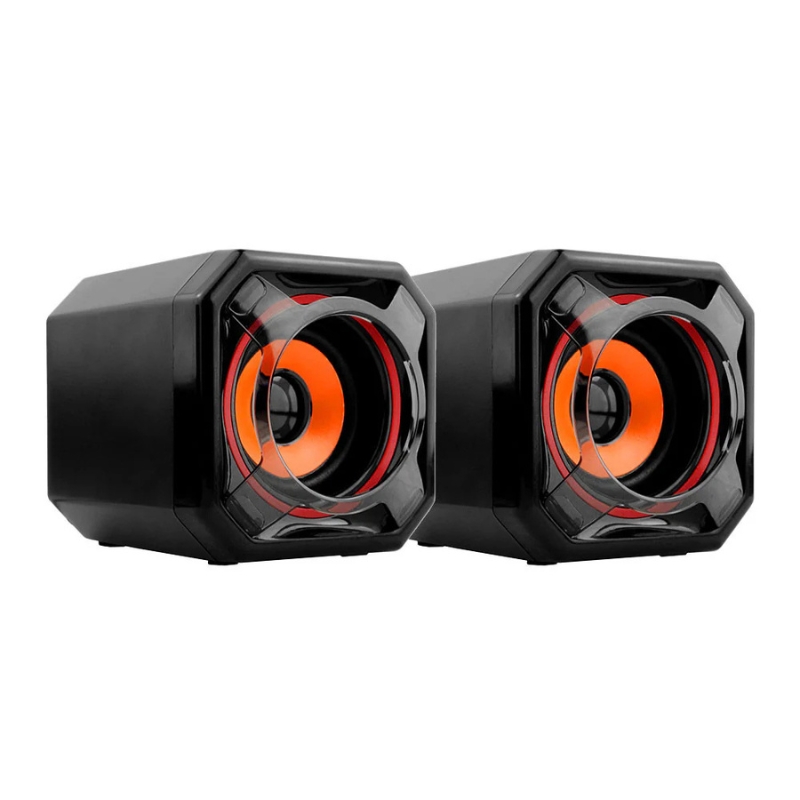 Bocinas estéreo Volcano Bass 2.0 con 5W de potencia total, alimentación USB y diseño compacto, ideales para computadoras y laptops.