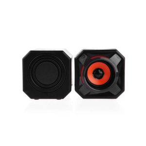 Bocinas estéreo Volcano Bass 2.0 con 5W de potencia total, alimentación USB y diseño compacto, ideales para computadoras y laptops.