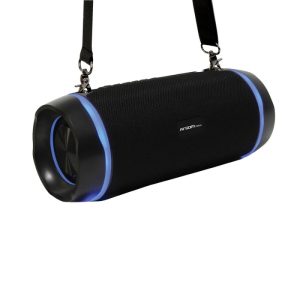 Altavoz inalámbrico Radyon X42 con luces LED, potencia de 50W, resistencia al agua y correa de transporte, ideal para uso al aire libre o fiestas.
