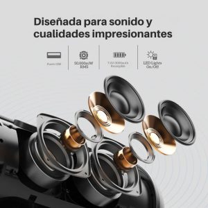 Altavoz inalámbrico Radyon X42 con luces LED, potencia de 50W, resistencia al agua y correa de transporte, ideal para uso al aire libre o fiestas.