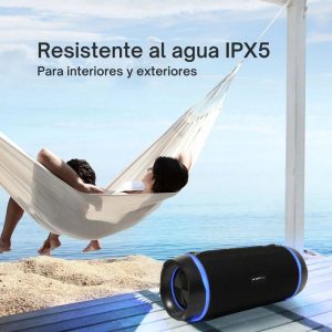 Altavoz inalámbrico Radyon X42 con luces LED, potencia de 50W, resistencia al agua y correa de transporte, ideal para uso al aire libre o fiestas.