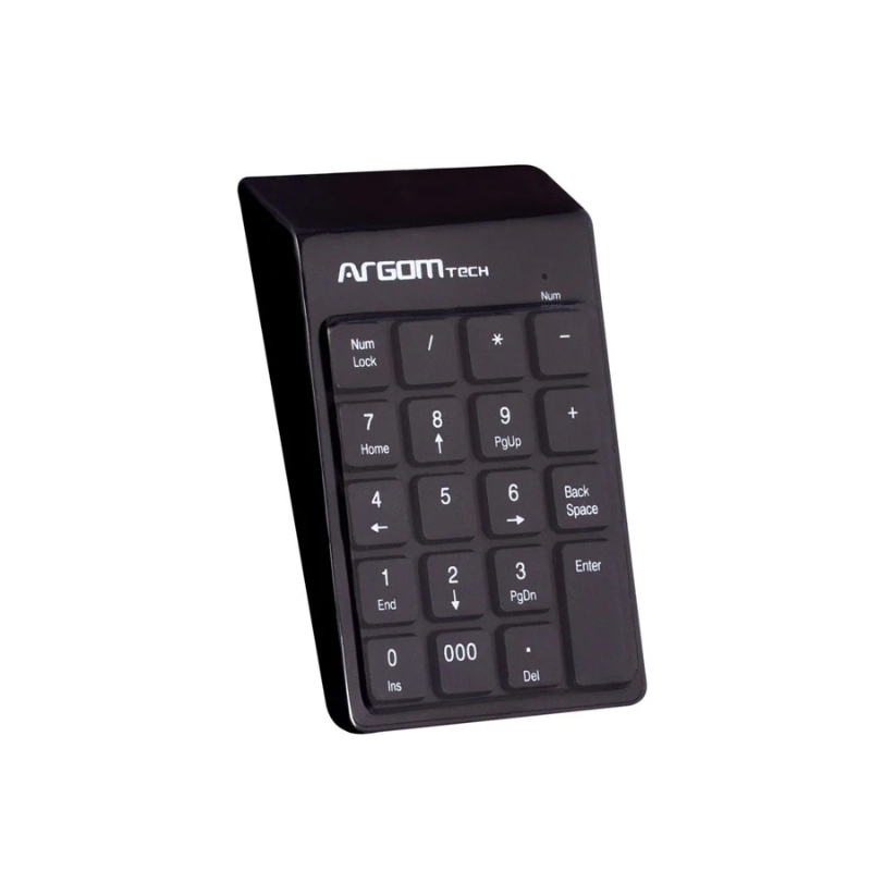 Teclado numérico USB retráctil ArgomTech con diseño compacto, cable extendible y teclas cómodas.