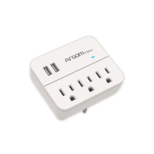 Estación de carga ArgomTech blanca con 3 tomas de corriente, 2 puertos USB y protección de sobretensión de 450J.