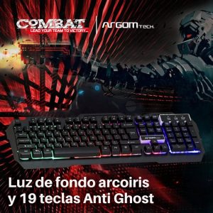 Teclado gaming ArgomTech Combat KB56 con iluminación RGB, 19 teclas anti-ghosting y cable USB trenzado.