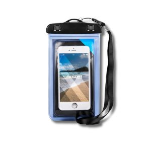 Funda impermeable ArgomTech IPX8 para celular, con ventana táctil, correa para cuello y cierre hermético, ideal para actividades acuáticas.