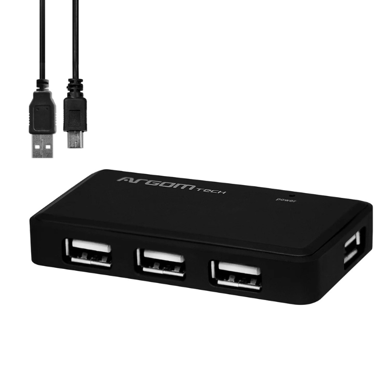 Hub USB de 4 puertos ArgomTech modelo ARG-UB-0088, de tamaño compacto, con cable de conexión y luz LED indicadora, ideal para conectar múltiples dispositivos.
