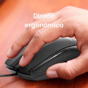 Mouse óptico USB con cable ArgomTech MS14 en color negro con diseño ergonómico 3D.